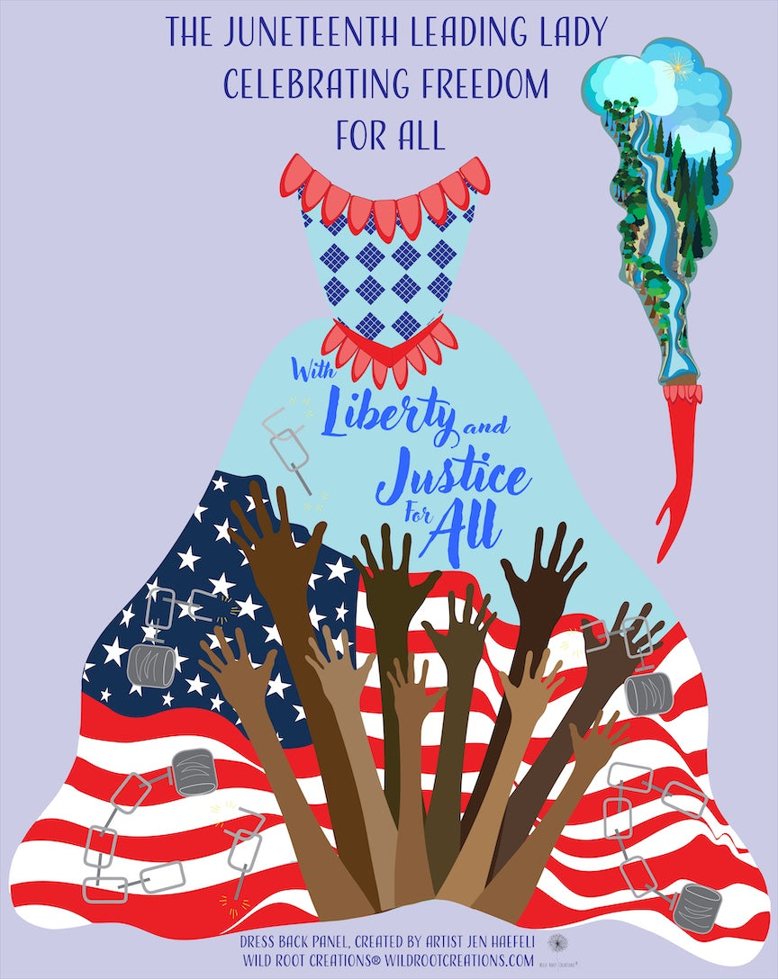 Illustration of a dress with American flag design and text celebrating Juneteenth.