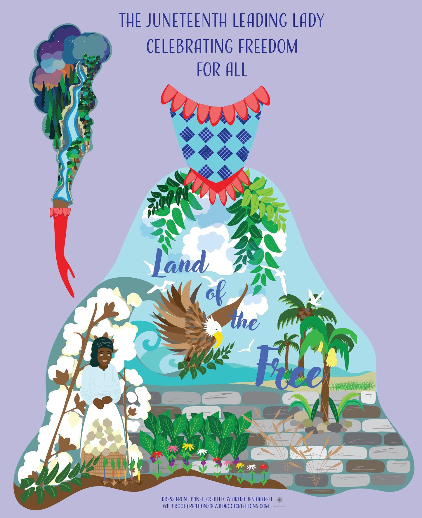 Illustration of a dress with Juneteenth themes on a purple background
