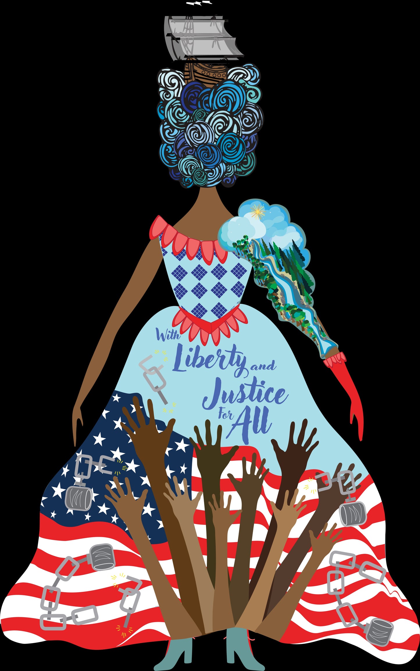 Illustration of a woman with an American flag dress, holding flowers and books, with text 'With Liberty and Justice for All'.