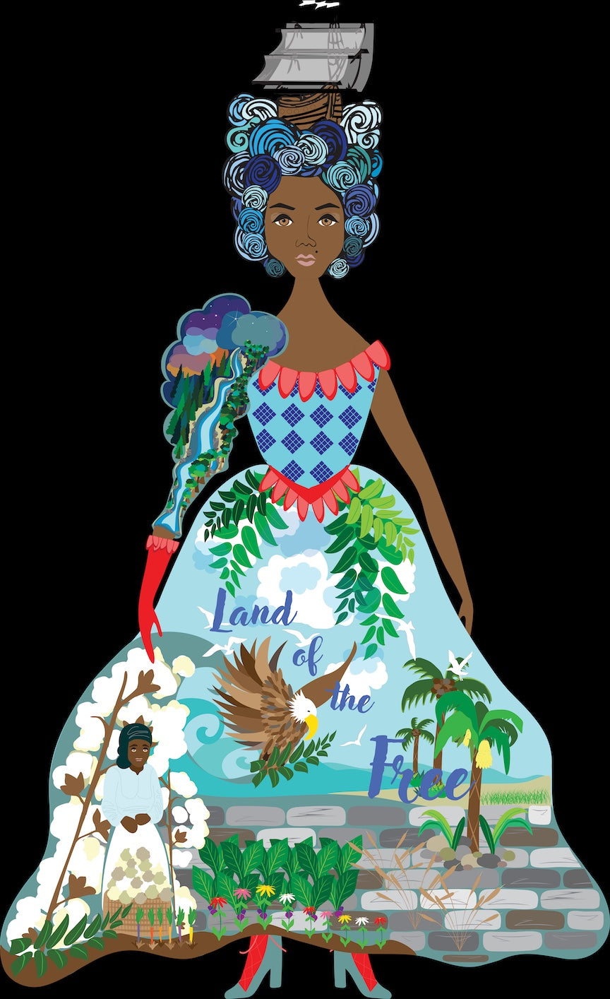 Illustration of a woman with a colorful dress featuring nature elements and text on a black background