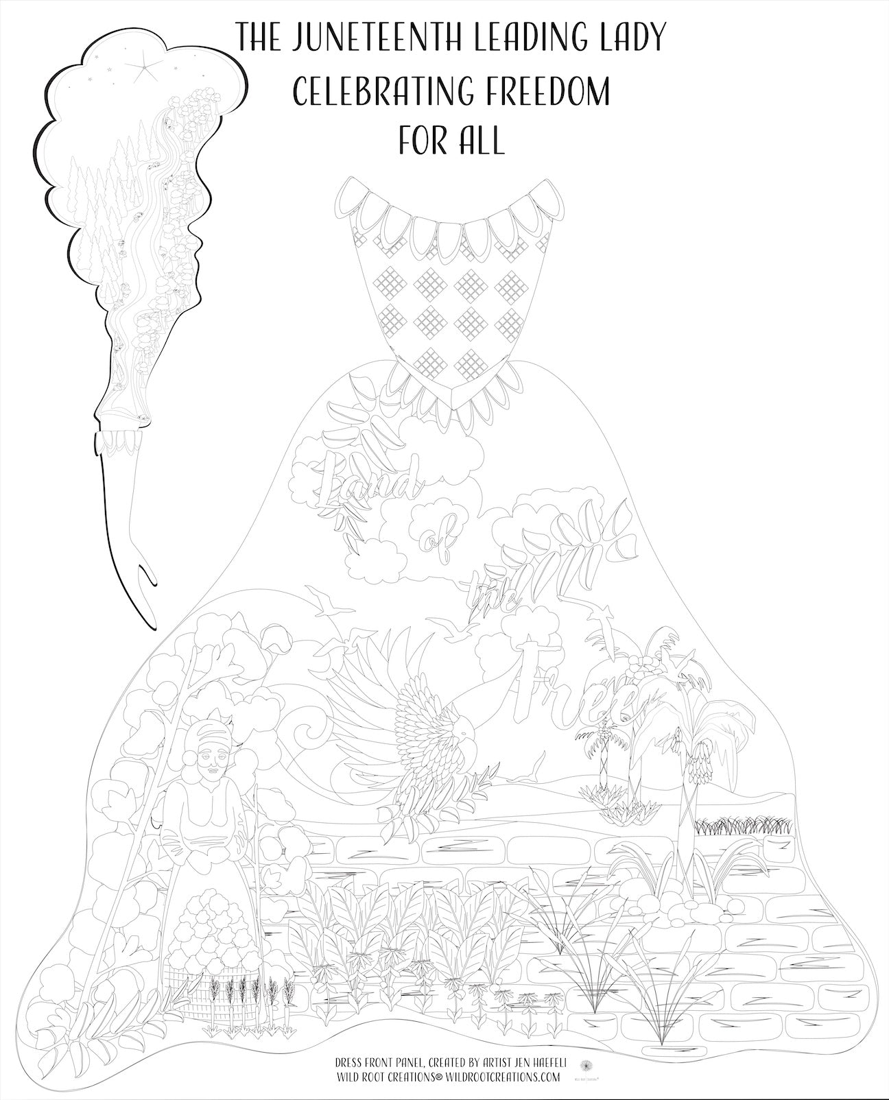 Black and white outline of a woman in a floral dress with text 'The Juneteenth Leading Lady Celebrating Freedom For All'.