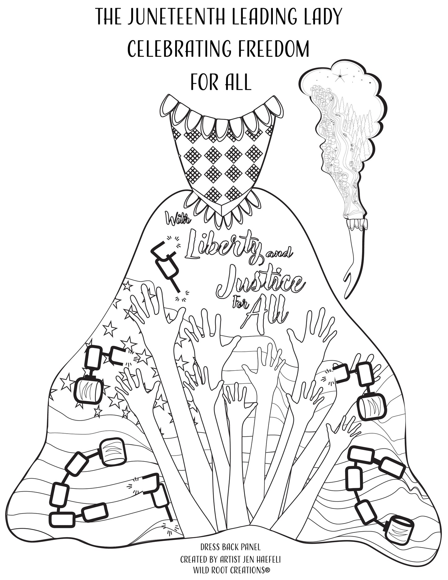 Coloring page of a dress with text celebrating Juneteenth and freedom.
