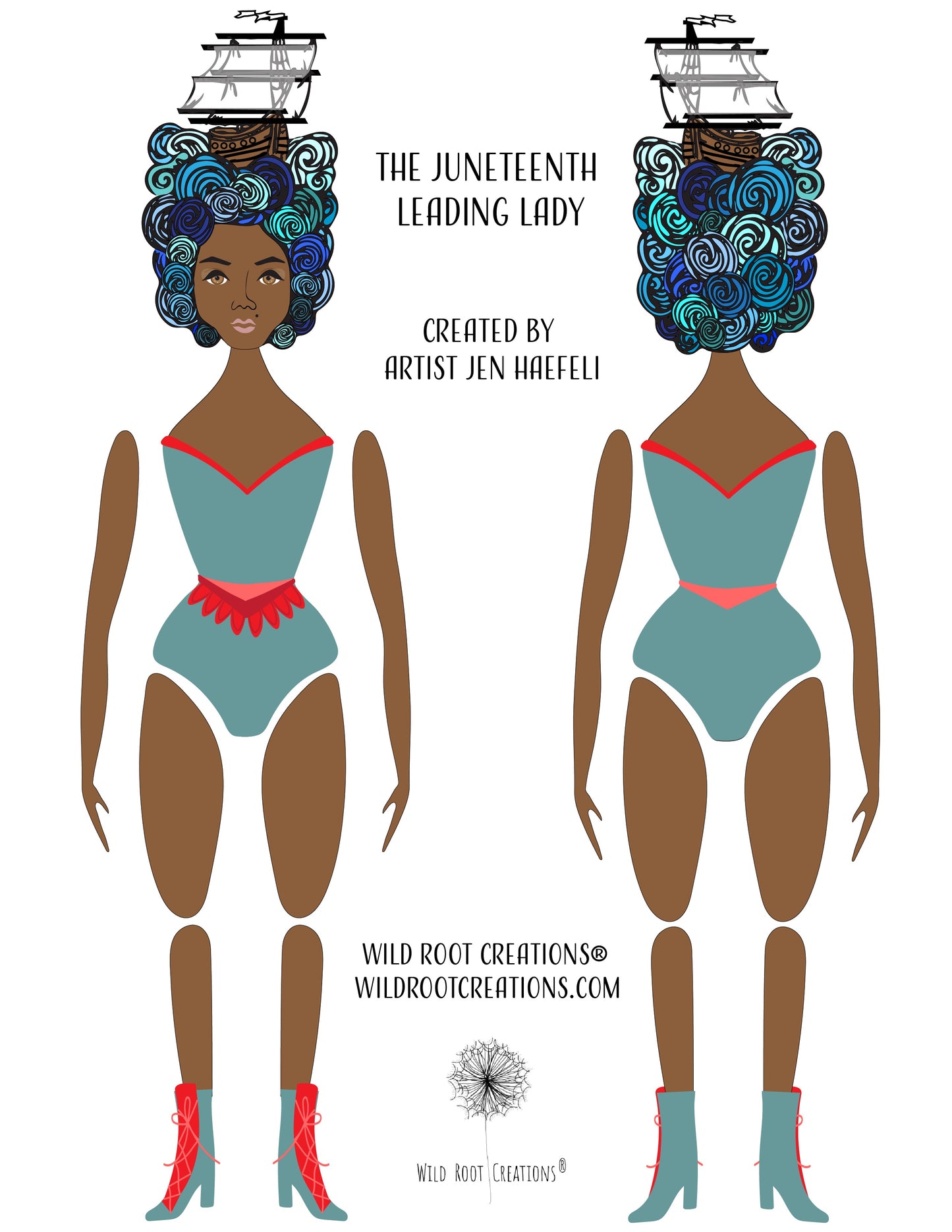 Illustration of a paper doll with Juneteenth theme, created by Jen Haefeli.