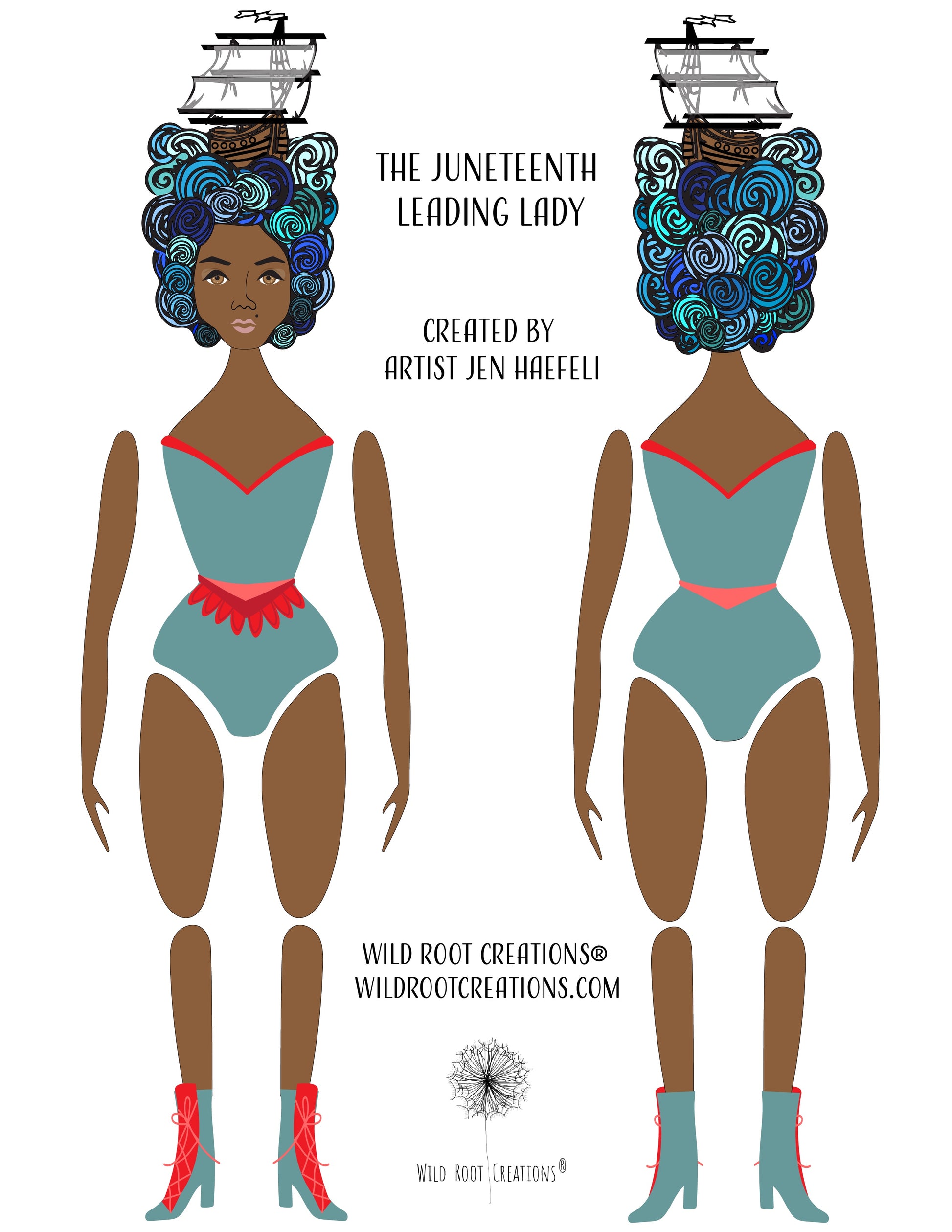 Illustration of a paper doll with Juneteenth theme, created by Jen Haefeli.